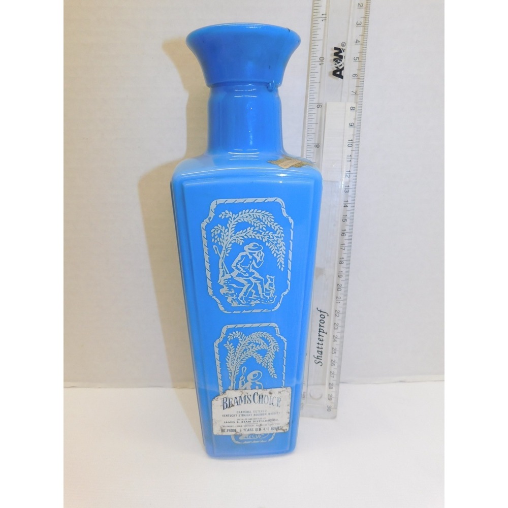 Vintage Jim Beam 1960s Blue and White Milk Glass Whiskey Decanter No Top 10.25"